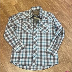 Wrangler Kids Blue and Brown Plaid Button Down Shirt snap front medium new